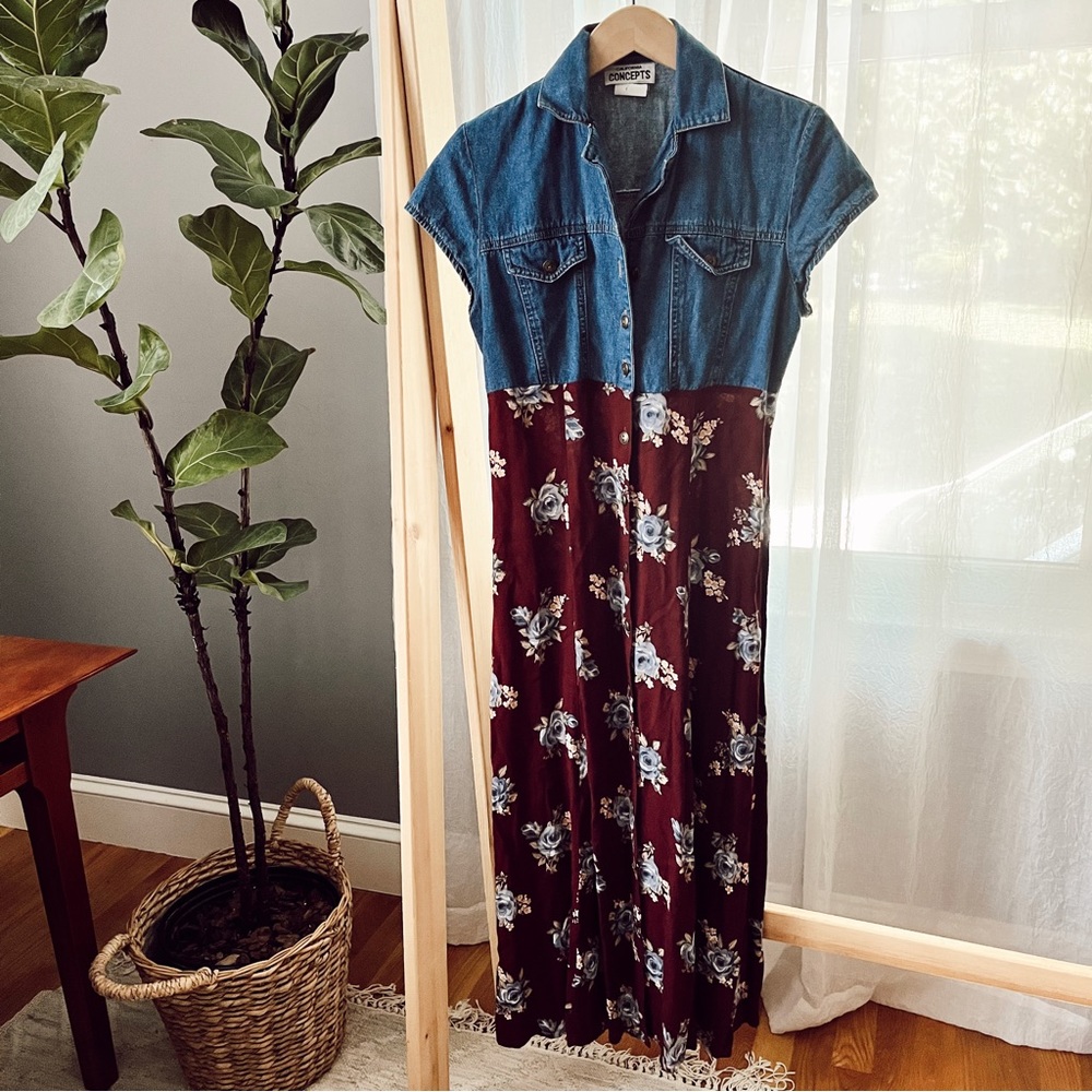 Vintage 90s Denim And Rose Back Tie Dress California Concepts medium